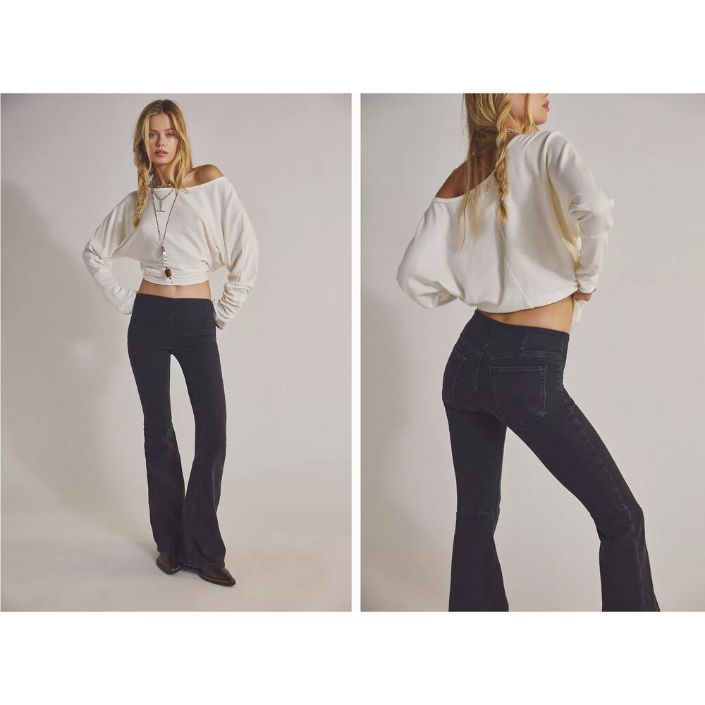 Free People Penny Pull On Flare Jeans Washed Black Stretch Denim W29 - Picture 4 of 4
